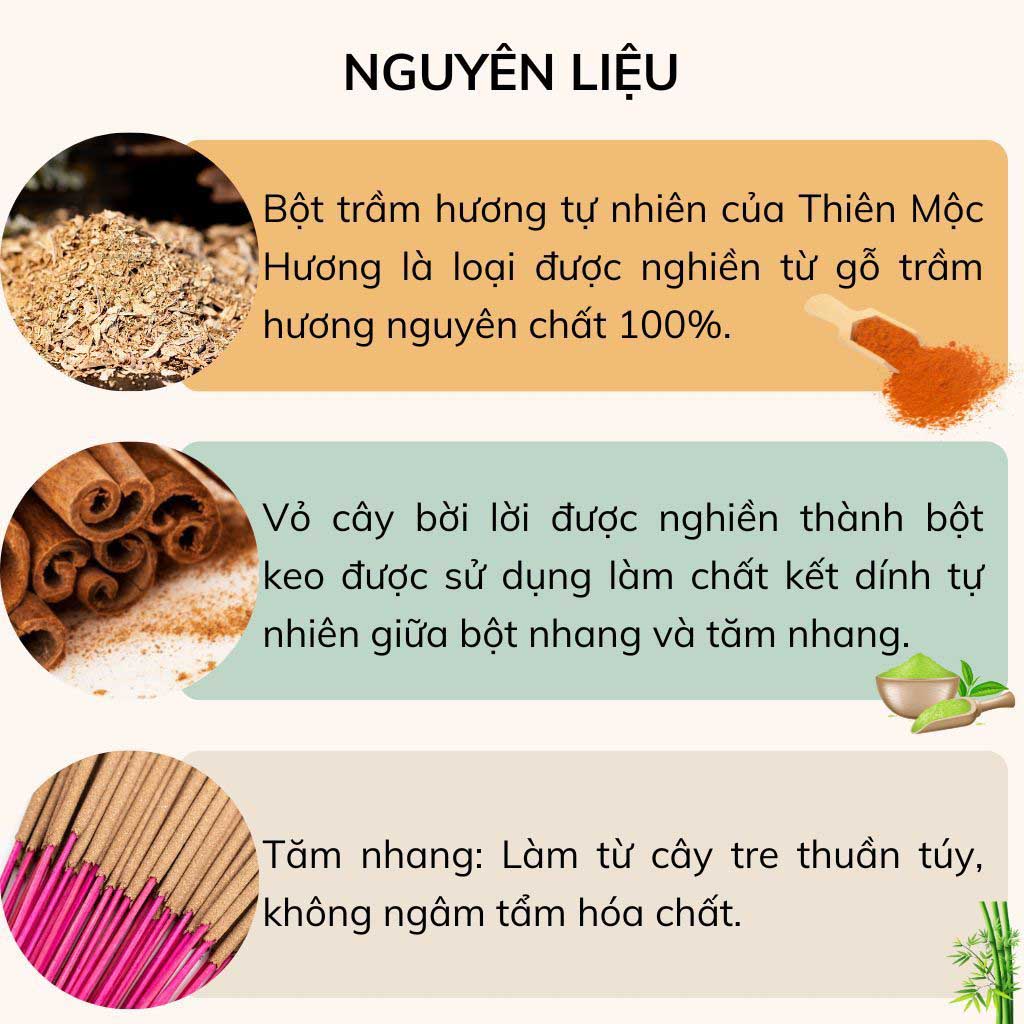 Nhang Sạch Trầm Hương Thiên Mộc Hương Loại 8 Năm - 40cm 2 Nguyên liệu tạo nên Nhang Sạch Trầm Hương Thiên Mộc Hương Loại 8 Năm - 40cm
