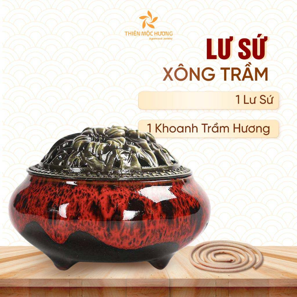Lư Đốt Trầm Bằng Sứ Nắp Đồng Hoa Văn Cao Cấp