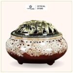 Lư Đốt Trầm Bằng Sứ Nắp Đồng Hoa Văn Cao Cấp - Lư Trắng Xám